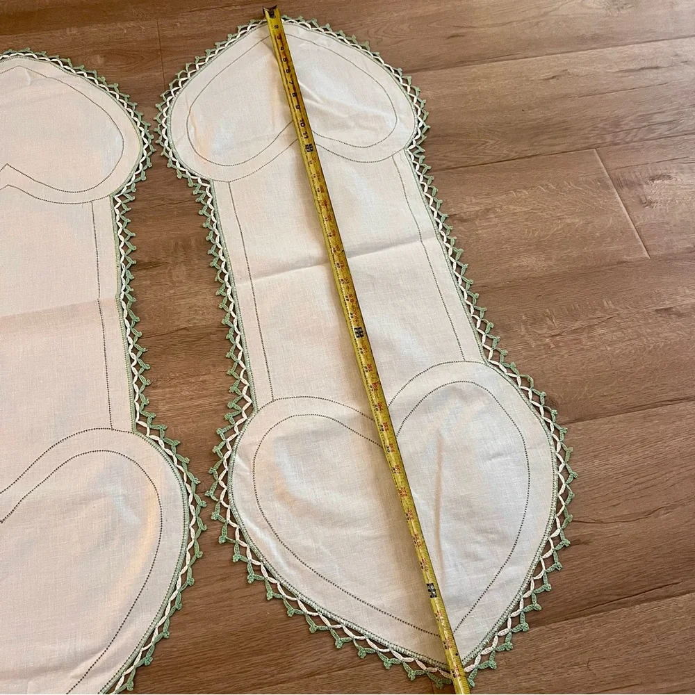 6 PCs Vtg Green Crochet‎ Edged Linen Heart Doilies Table Runners Dresser Scarfs